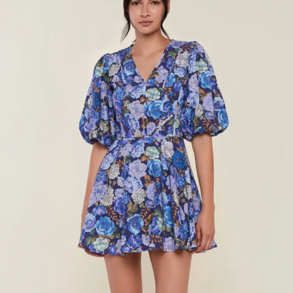 New! Rachel Parcell v-neck puff sleeve Blue Floral mini Dress 38040